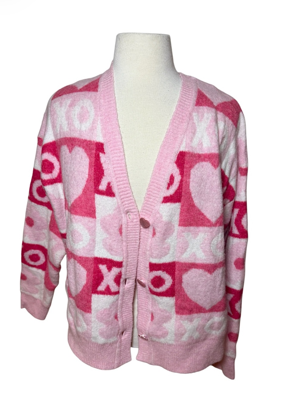 Pink & Hot Pink Heart and XO Pattern Cardigan by Serra-Size large